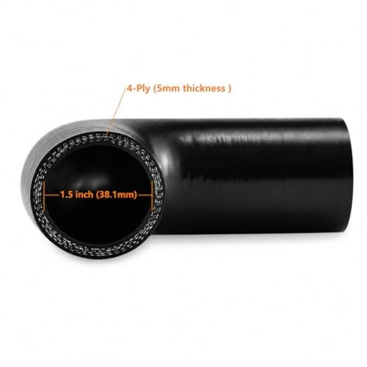 Black silicone 90-degree elbow coupler, thick 4-ply construction, 1.5 in opening