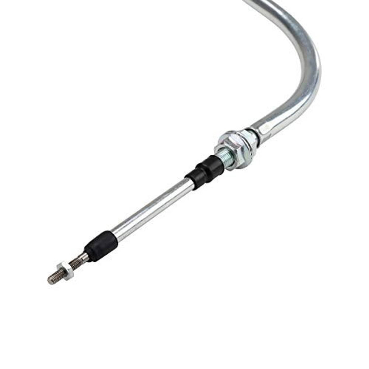 Close-up shift cable with black insulated section and threaded chrome connector ends