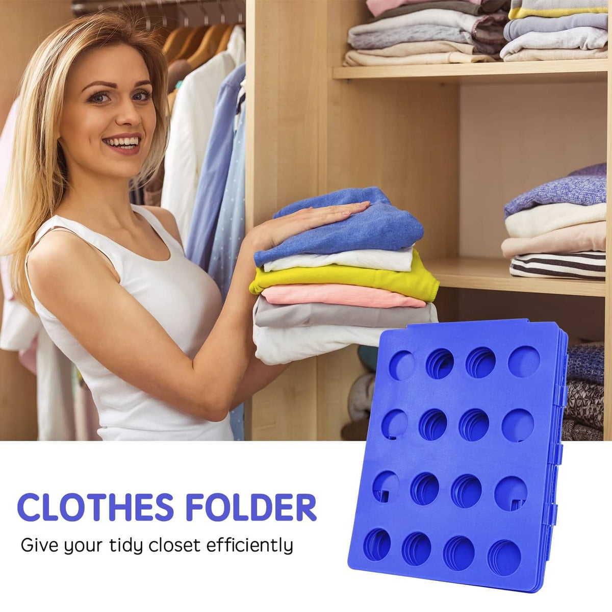 Blue clothes folder folding board with circular peg holes beside neatly stacked shirts