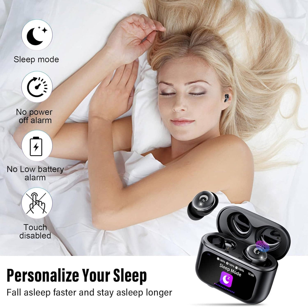 Person sleeping with black earbuds and charging case; purple indicator light on earbuds