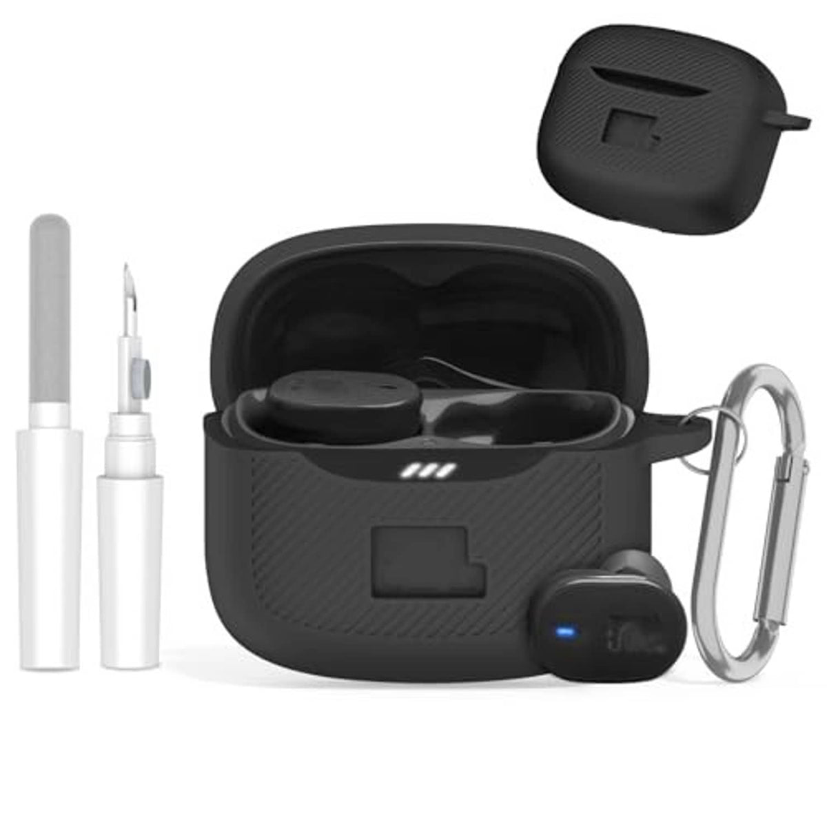 Black silicone earbud case with earbuds inside, plus carabiner clip and keyring