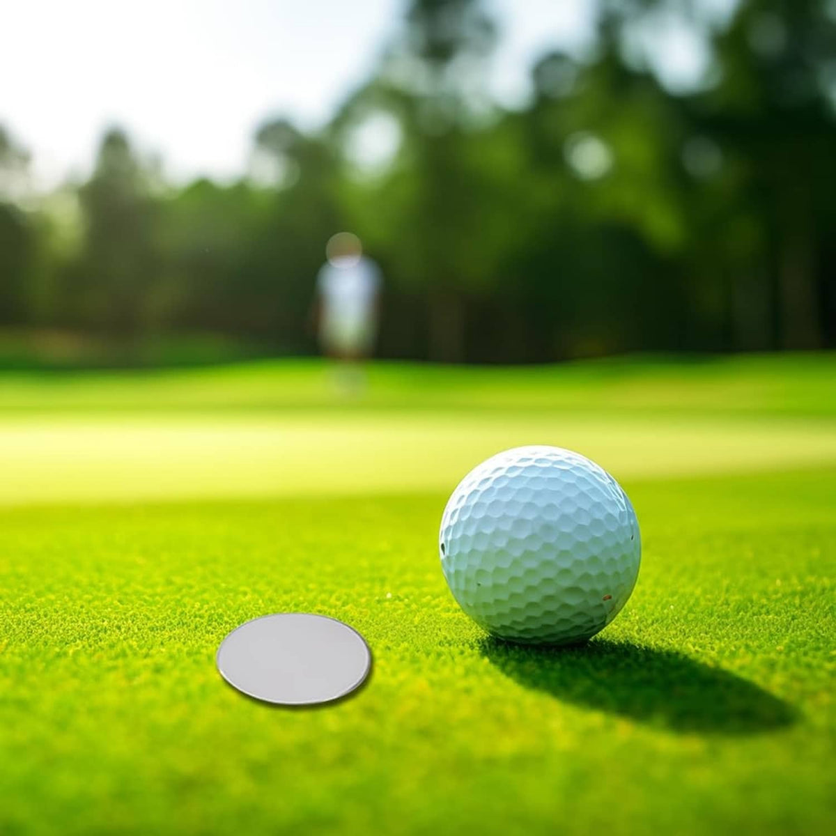 Single round silver blank golf ball marker on a grass putting surface