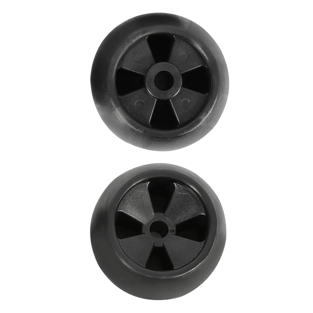 Two black deck wheels shown, each with 5-spoke hub and center mounting hole