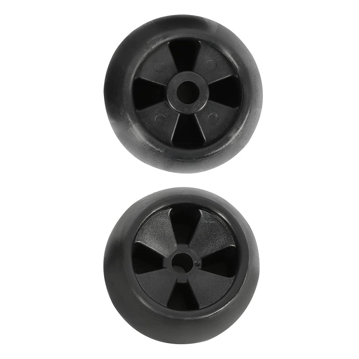 Two black deck wheels shown, each with 5-spoke hub and center mounting hole