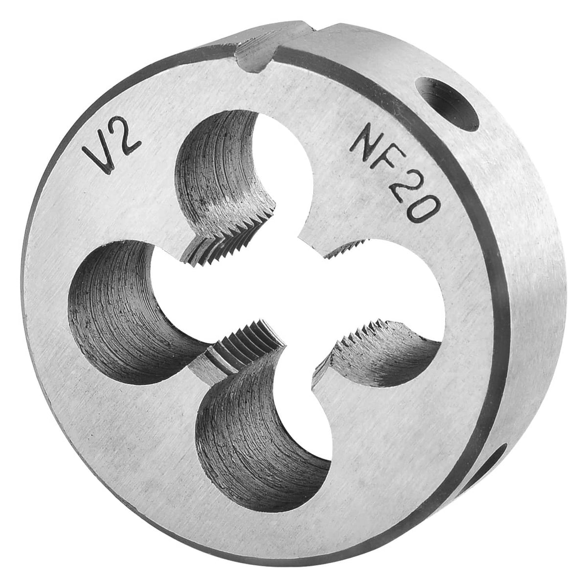 Round threading die, 1/2-20 UNF, silver steel with engraved V2 and NH-20 markings