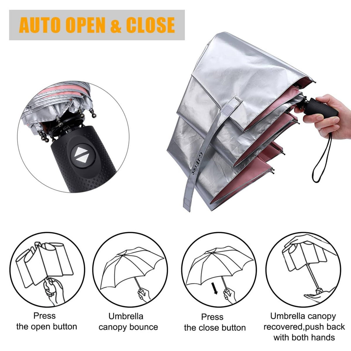 Silver automatic travel umbrella with black wrist strap and push-button handle
