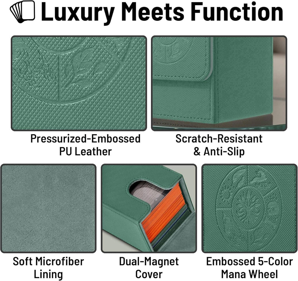 Teal green deck box with embossed pattern, scratch-resistant finish, and soft microfiber inner