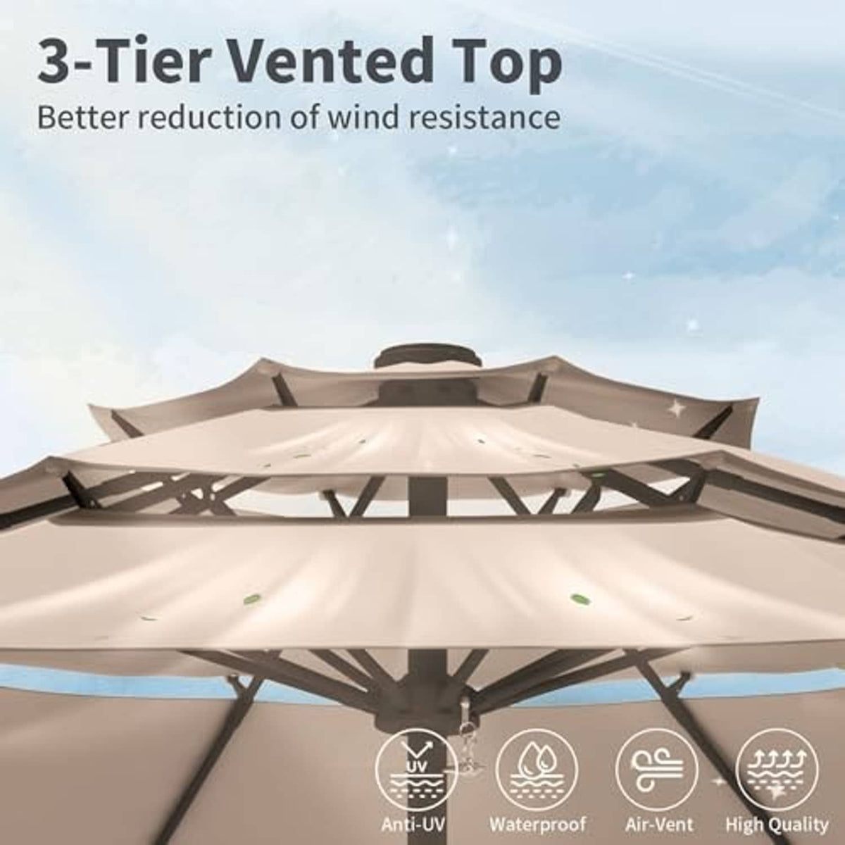 Beige 3-tier vented umbrella top with black ribs and center pole, open canopy