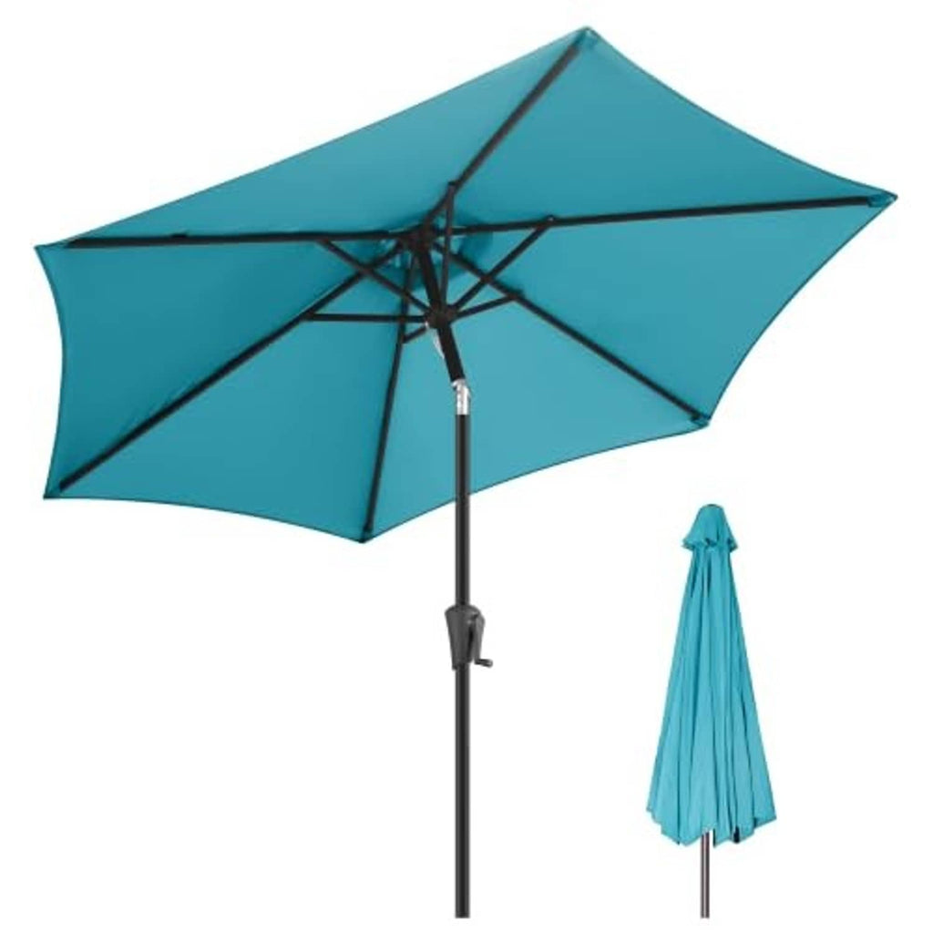 Aqua blue patio table umbrella open with central pole and folded cover