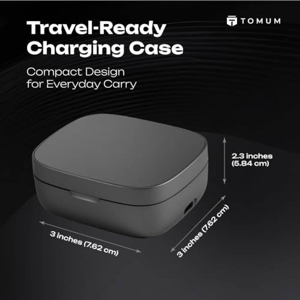 Compact dark gray charging case, closed with hinged lid