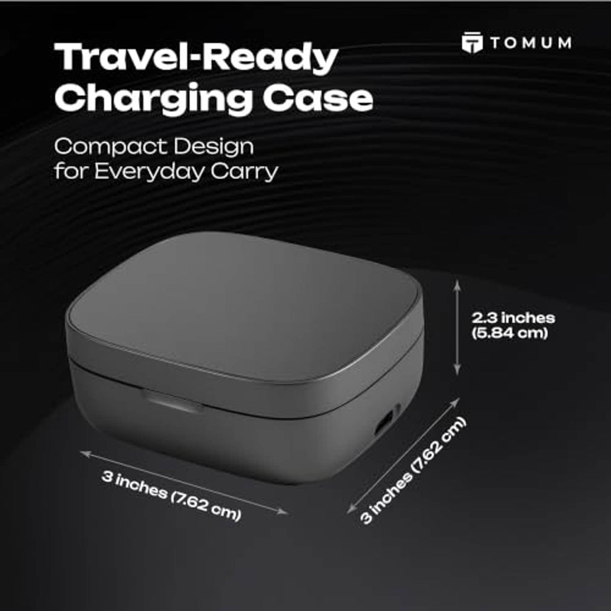 Compact dark gray charging case, closed with hinged lid