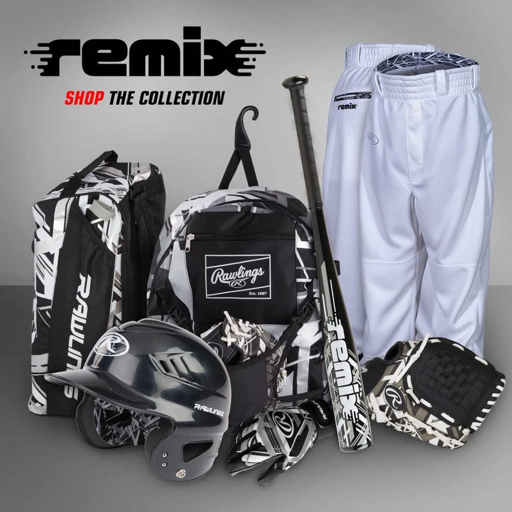 Baseball equipment backpack set with black-and-white print, plus matching helmet and glove (shown).