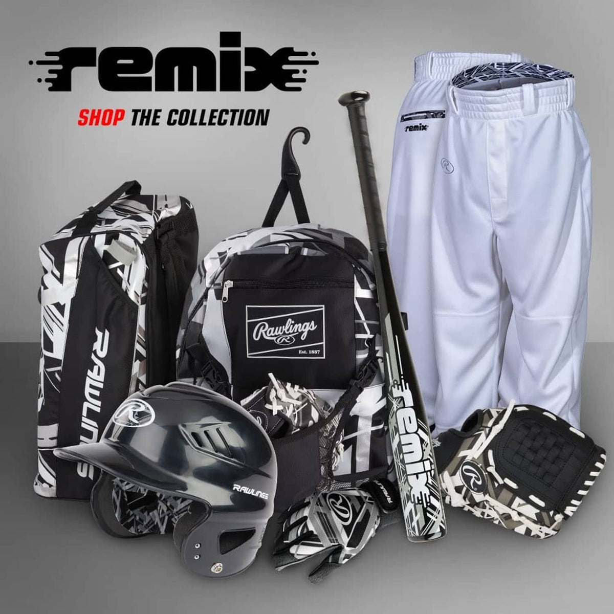 Baseball equipment backpack set with black-and-white print, plus matching helmet and glove (shown).