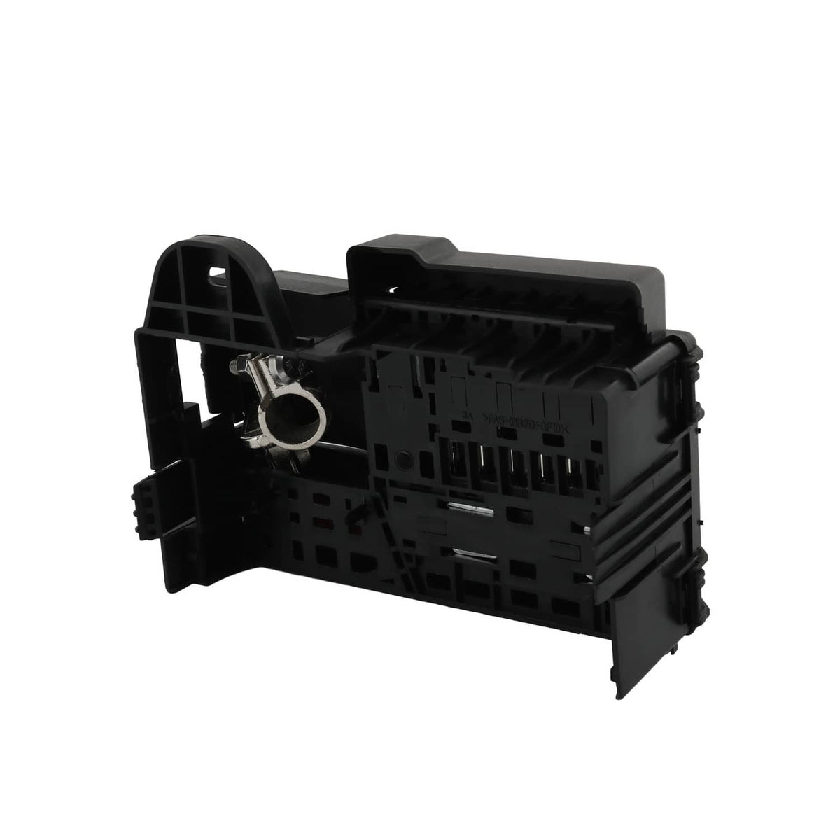 Black fuse block terminal with multi-pin connector socket and metal contact post
