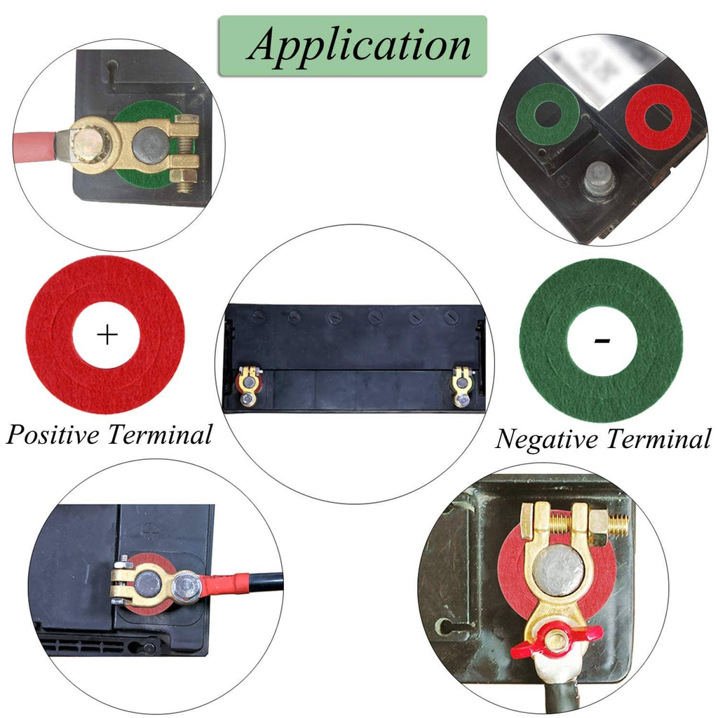 Red and green anti-corrosion terminal washers shown with battery terminal close-ups.