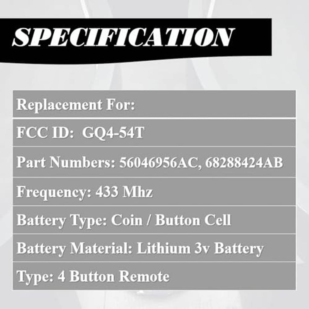 Key fob spec sheet graphic listing FCC ID, part numbers, frequency, battery and type.