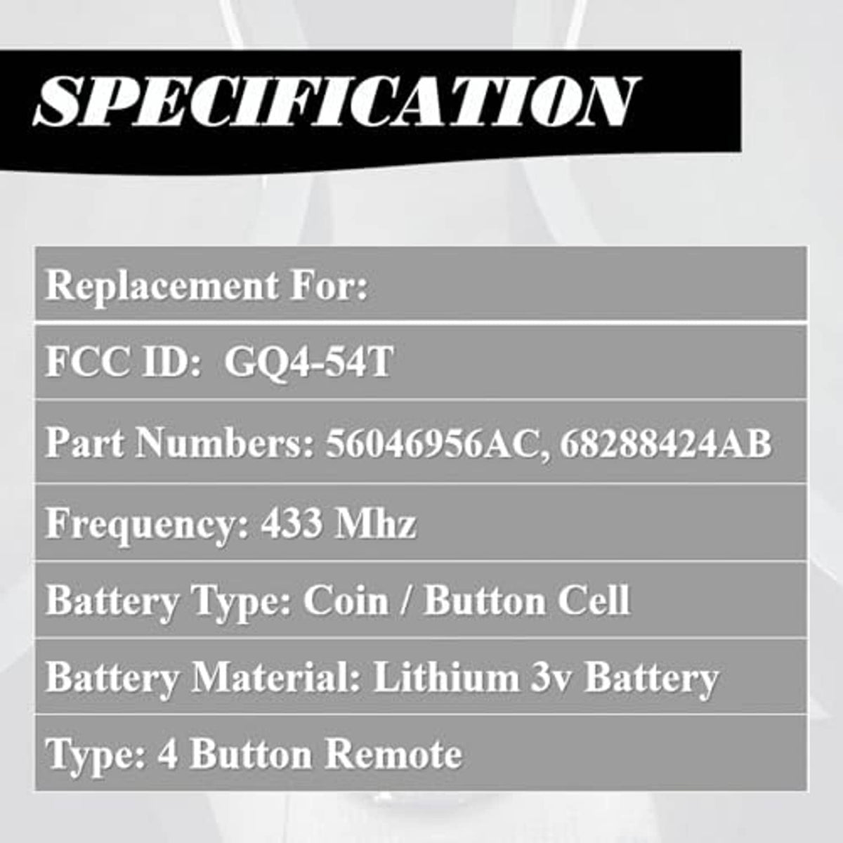 Key fob spec sheet graphic listing FCC ID, part numbers, frequency, battery and type.
