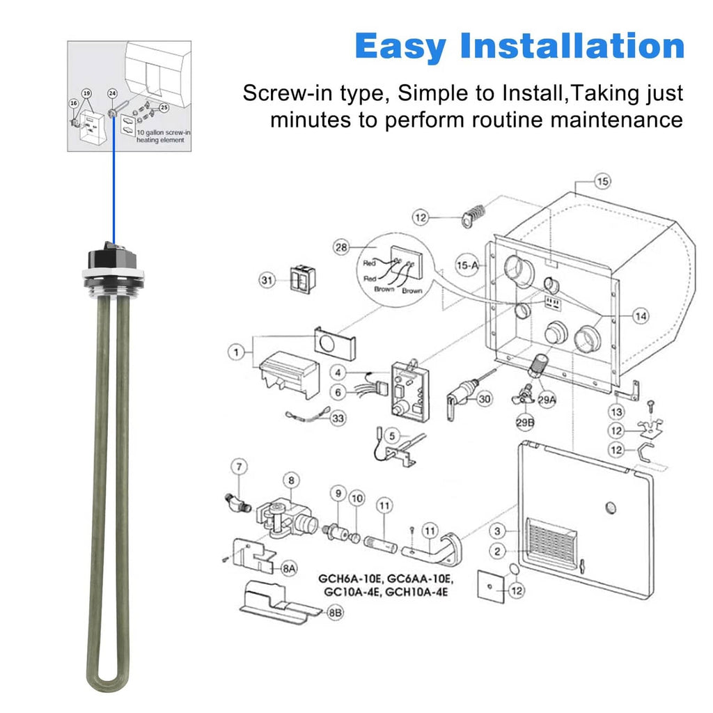 RV water heater element with screw-in type mounting and two long metal heating tubes