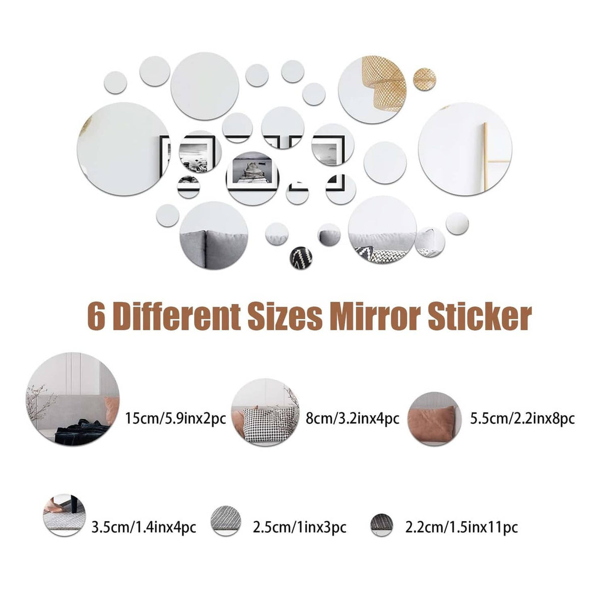 Set of circular mirror tile stickers with multiple size options