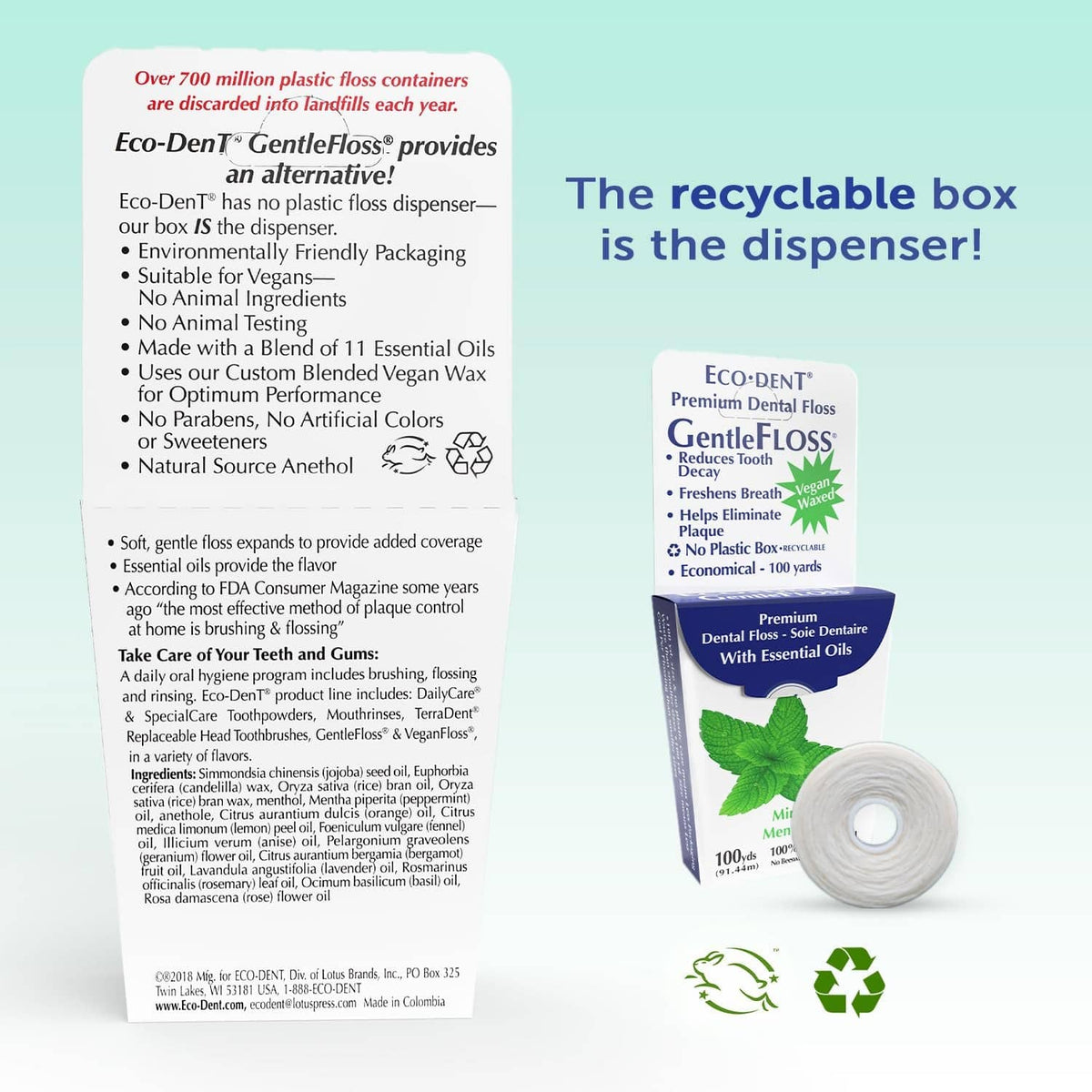 Back of mint waxed dental floss box with 100 yd roll shown