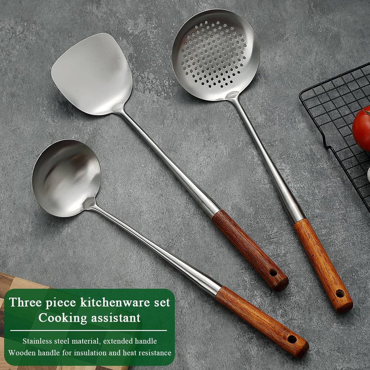 Stainless steel ladle, slotted skimmer, and spoon with wooden handles