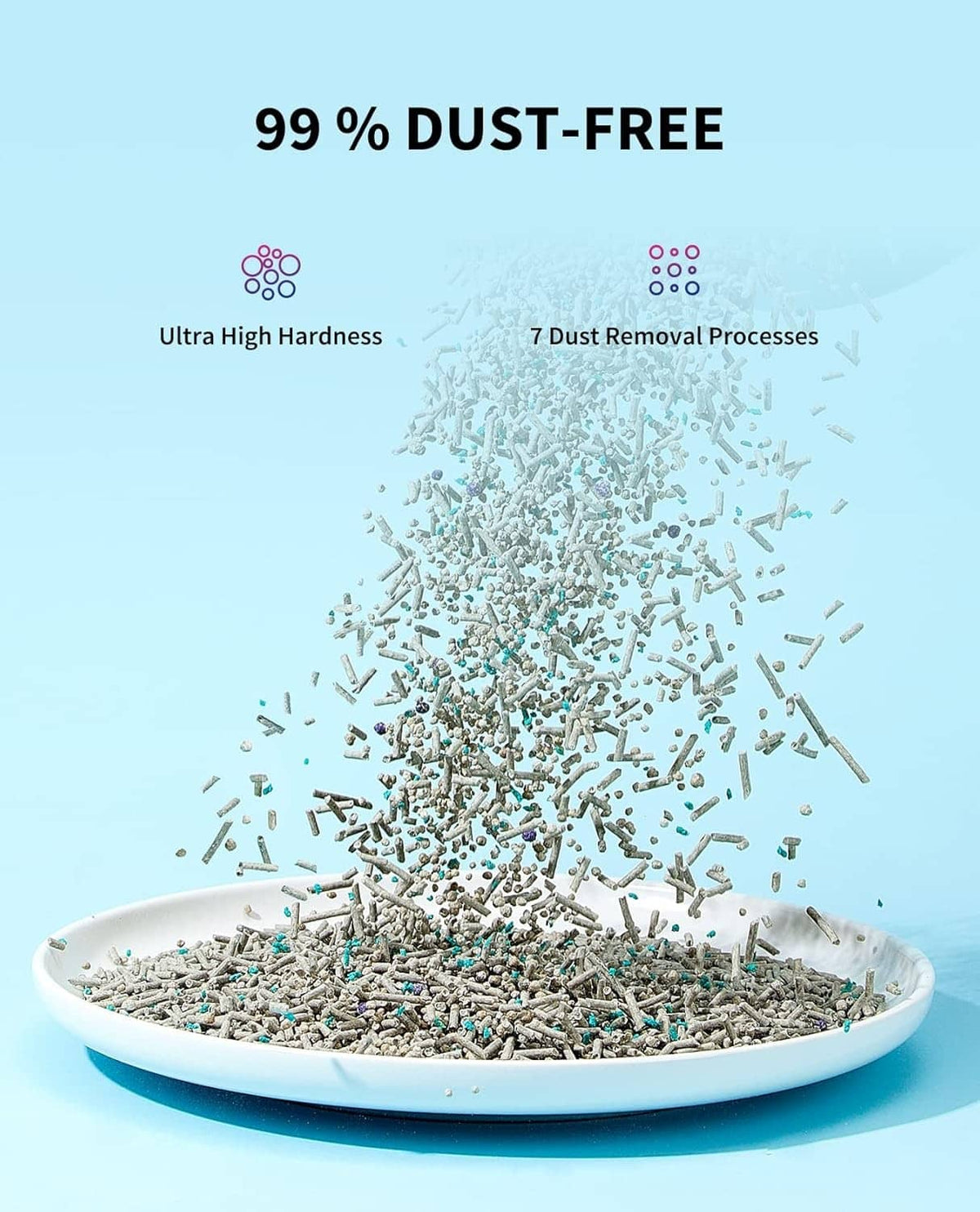 Mound of mixed cat litter pellets with colored flecks, dust-free style