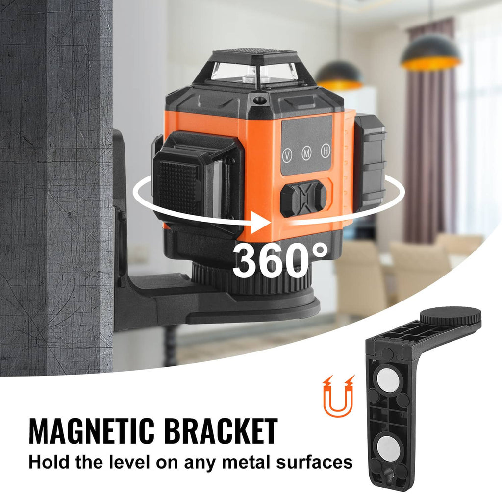 Orange cross-line laser level with rotating base and magnetic wall bracket accessory