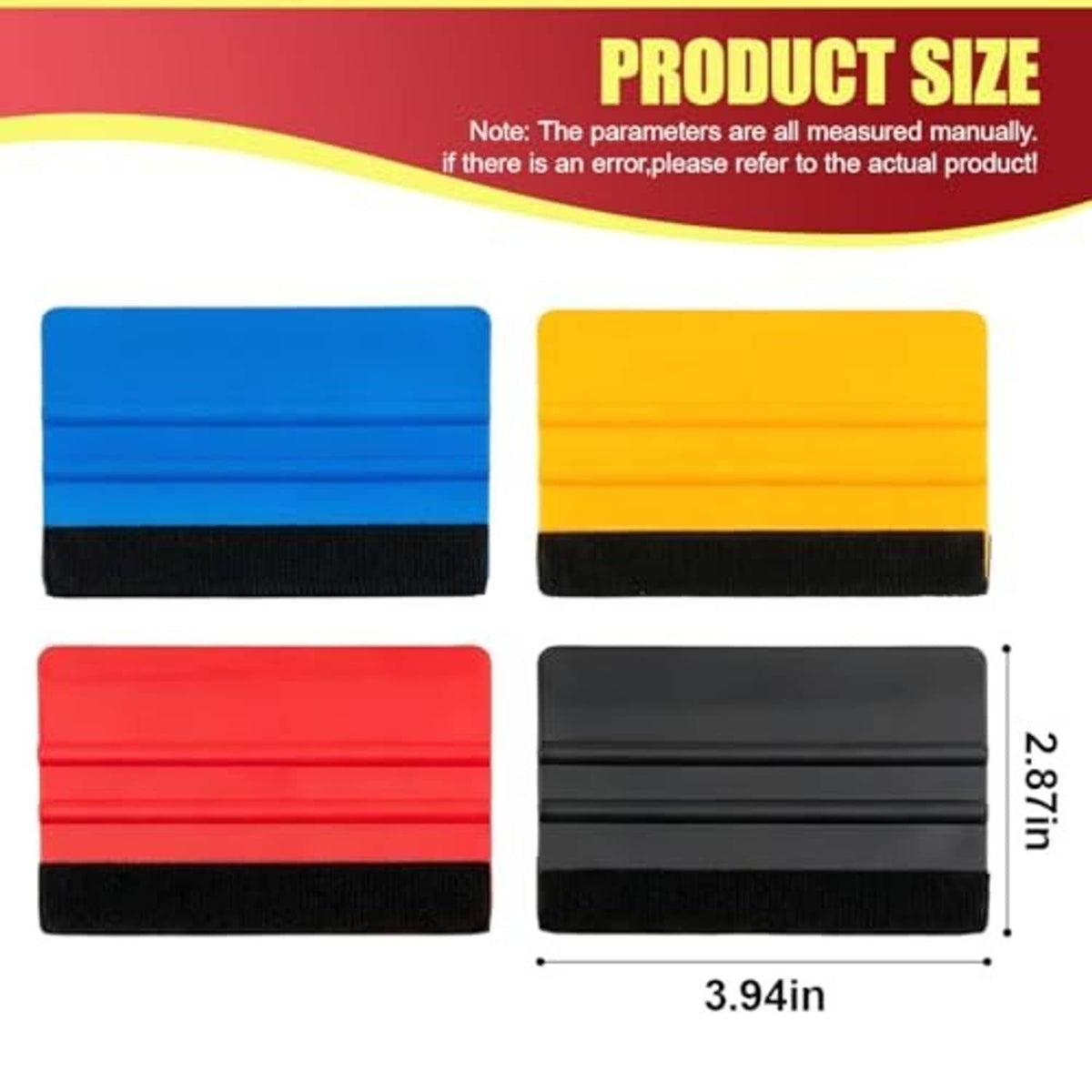 Plastic felt-edge squeegee set, four colors with straight edge and black felt