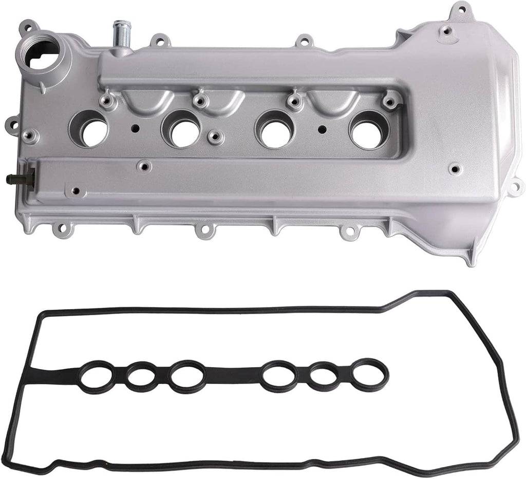 Aluminum valve cover with gasket, underside view with circular openings and oil port