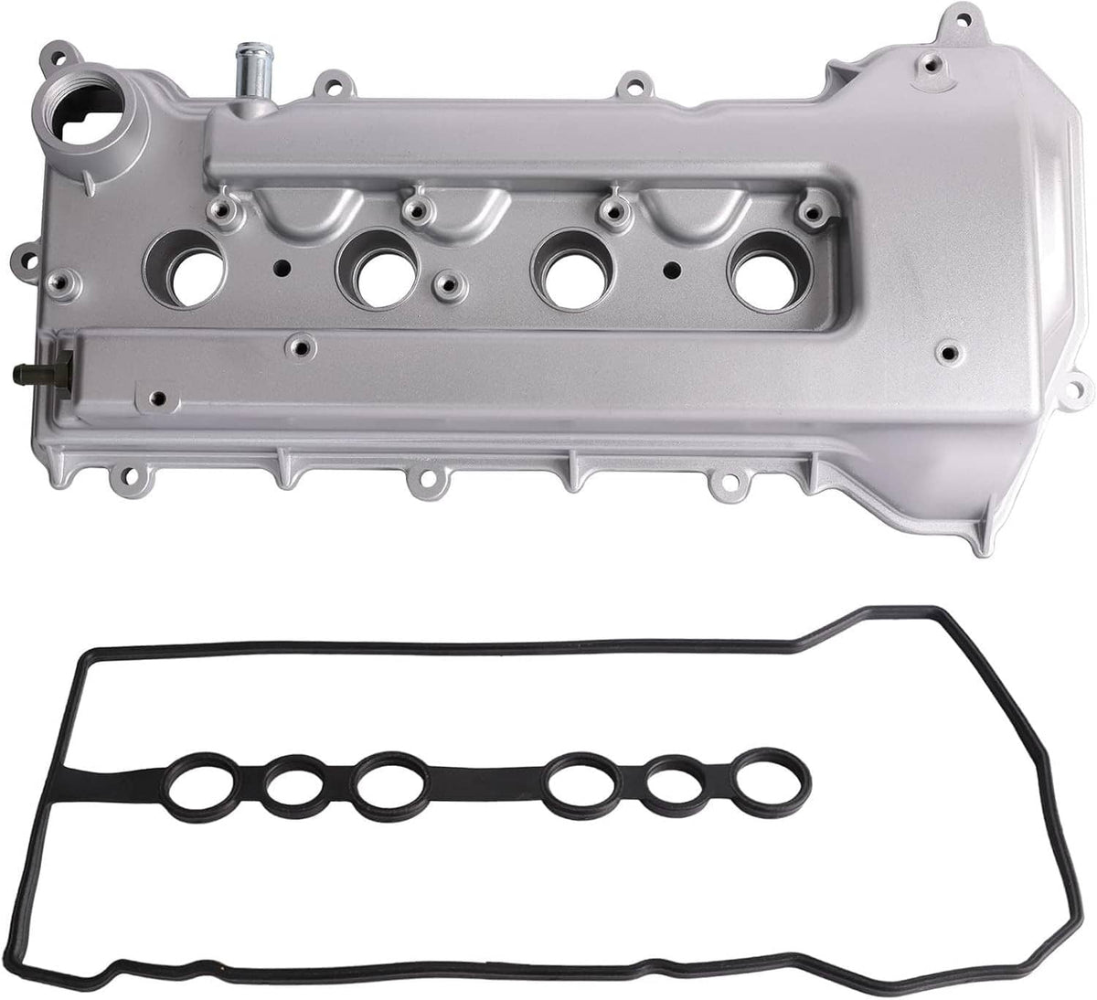Aluminum valve cover with gasket, underside view with circular openings and oil port