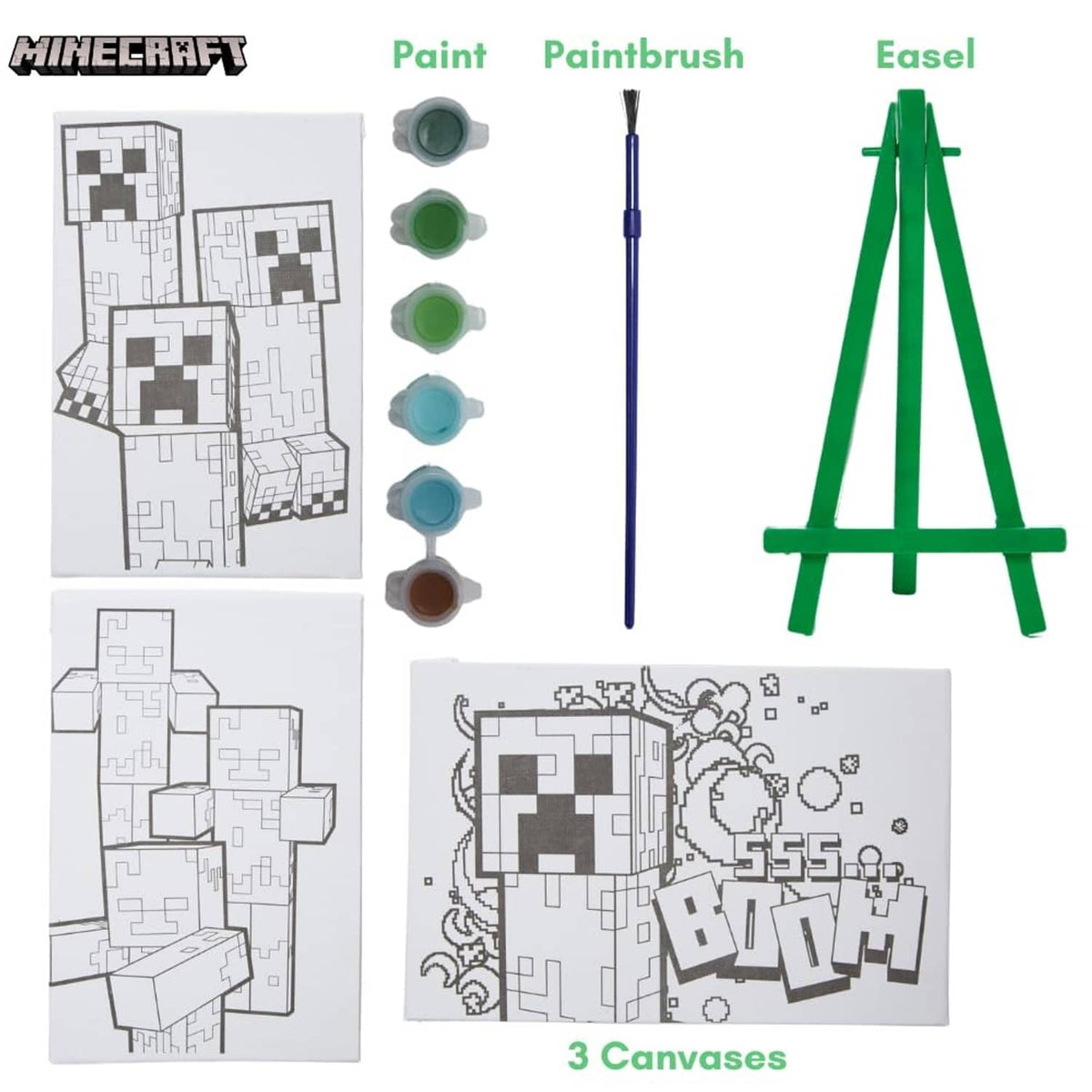 Minecraft painting kit contents: 3 canvas templates, paint pots, paintbrush, and green easel
