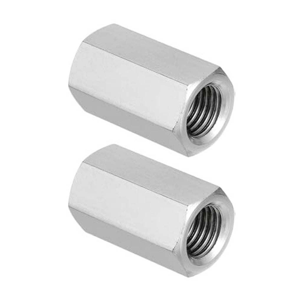 Stainless steel hex coupling nut set, two hex blocks with central internal threads