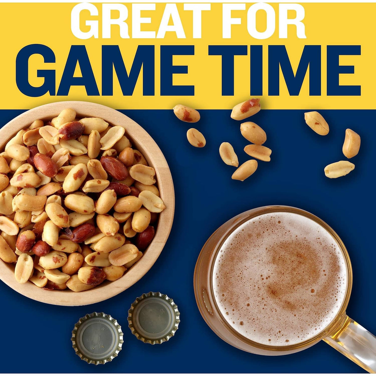 Nuts and drink with "Great for Game Time" text and bottle cap details