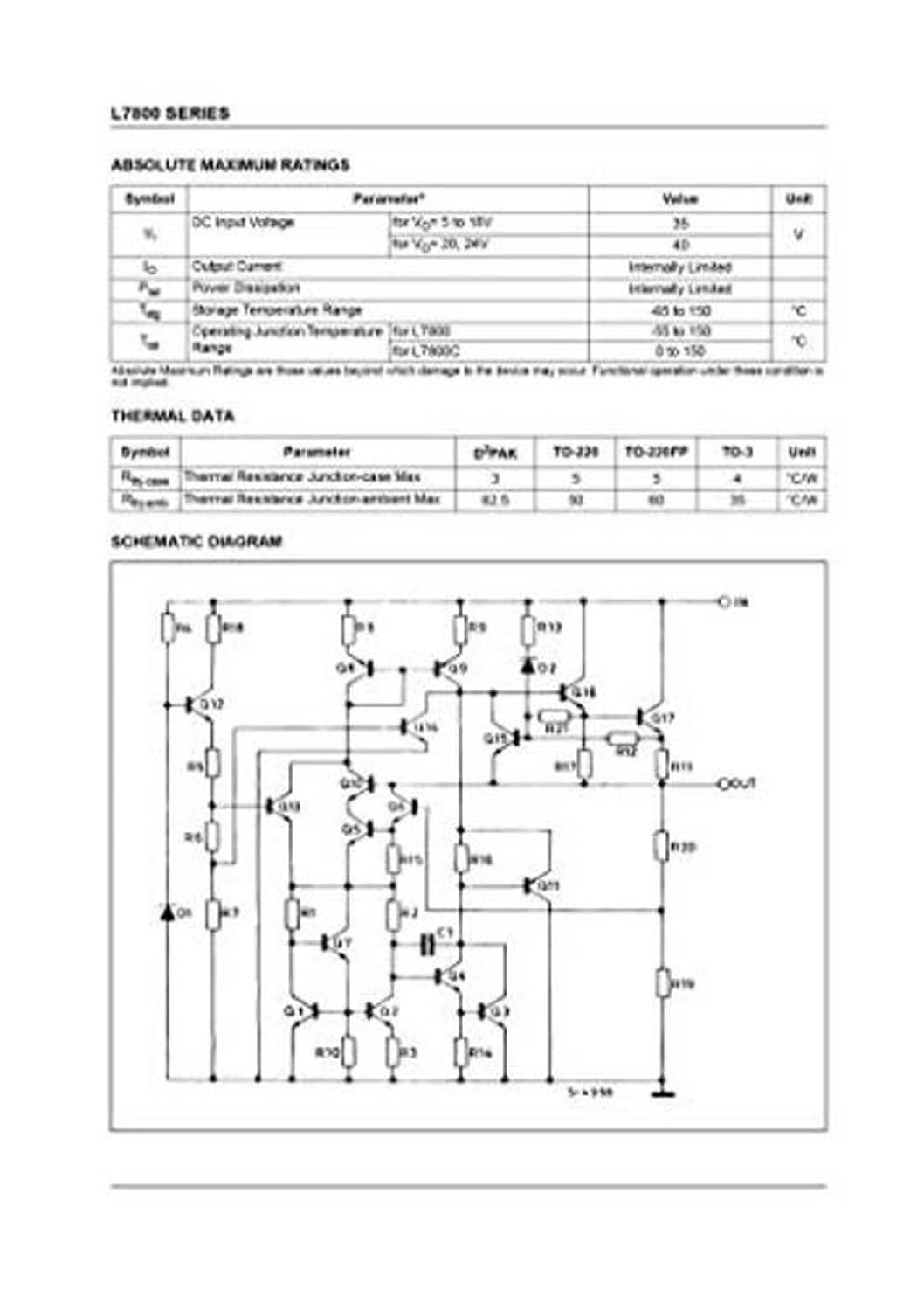 L7800 series datasheet page with schematics and thermal information tables