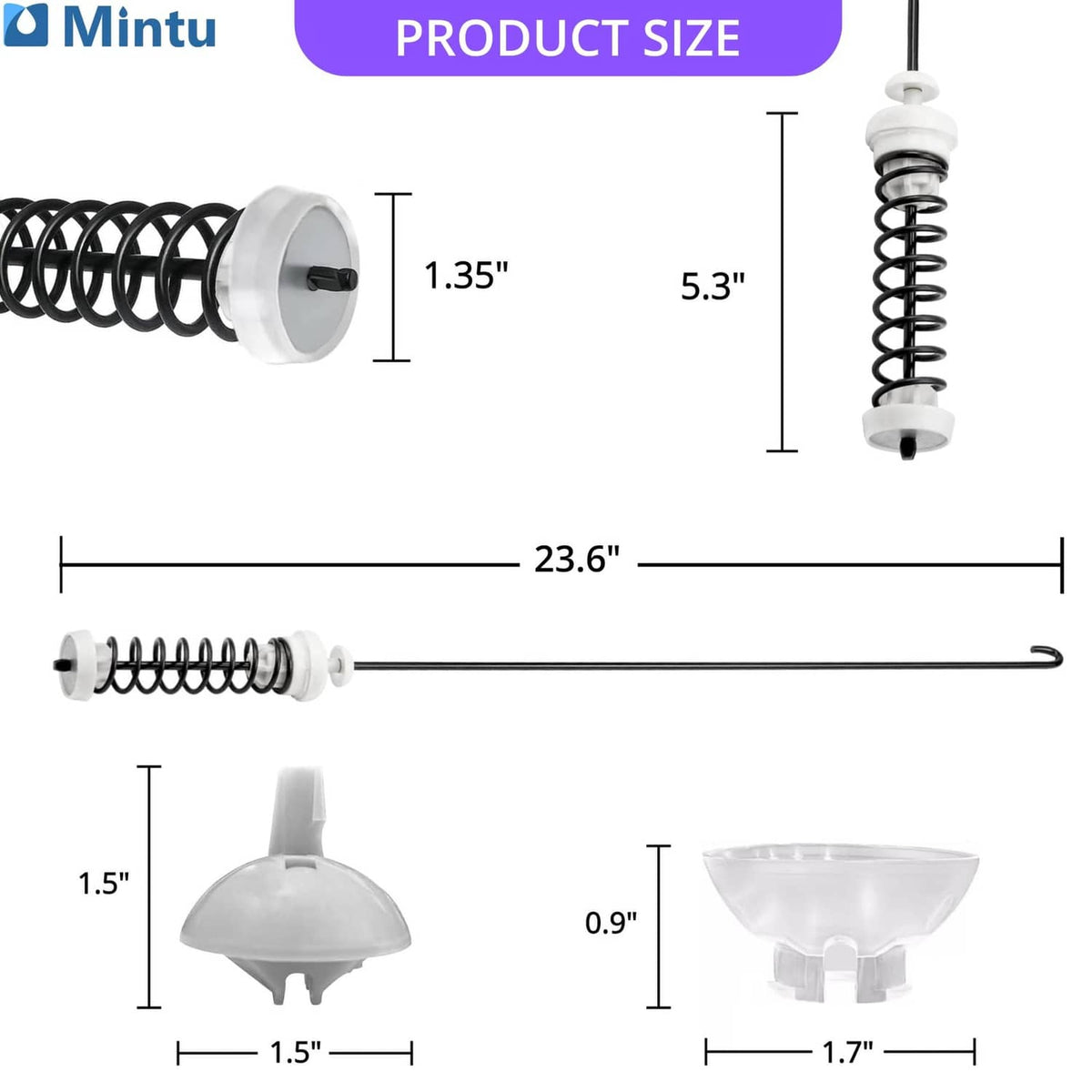 Washer suspension rod with black spring and white end caps; size diagram