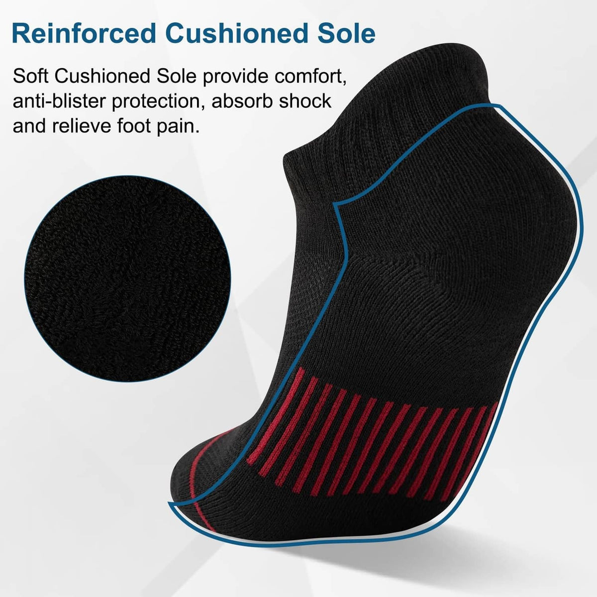Black ankle socks with reinforced cushioned sole and red striped pattern