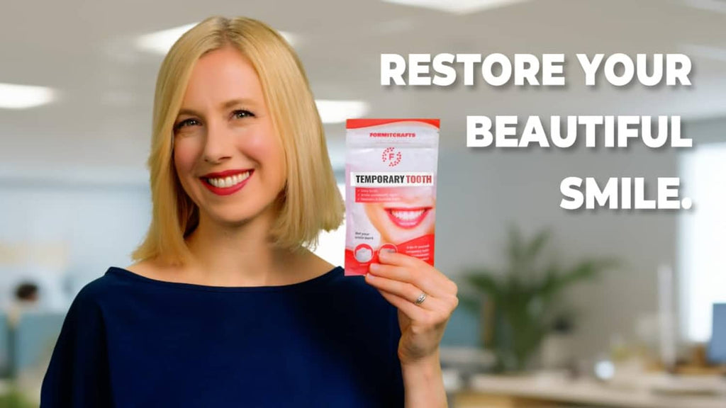Temporary tooth repair beads pouch held by woman in restore-your-beautiful-smile ad
