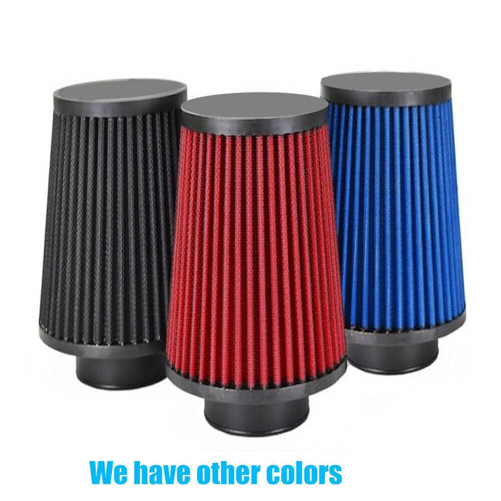 Set of conical dry air filters in black, red, and blue with metal bases