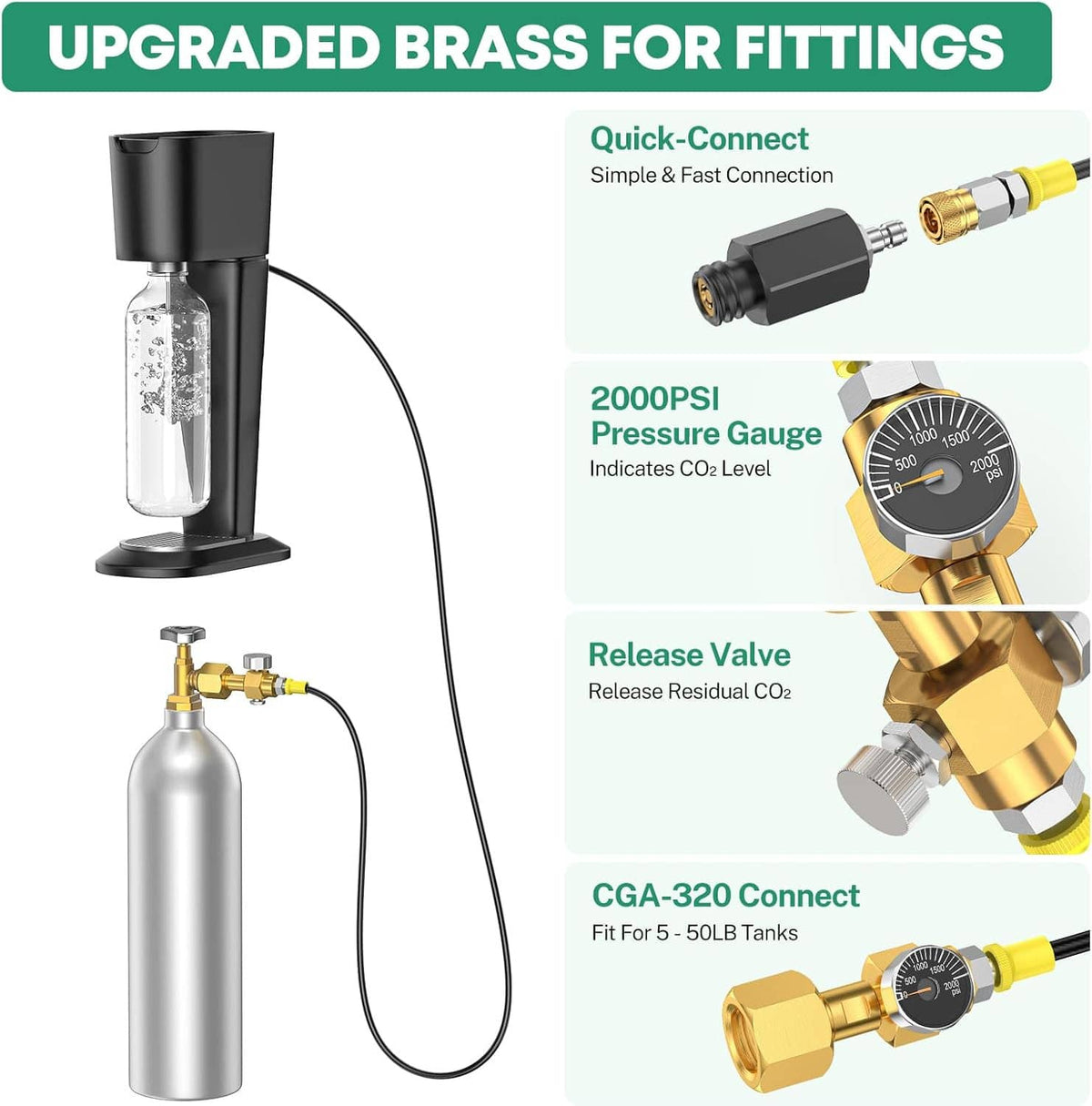 CO2 quick-connect adapter with release valve, brass fittings, and pressure gauge