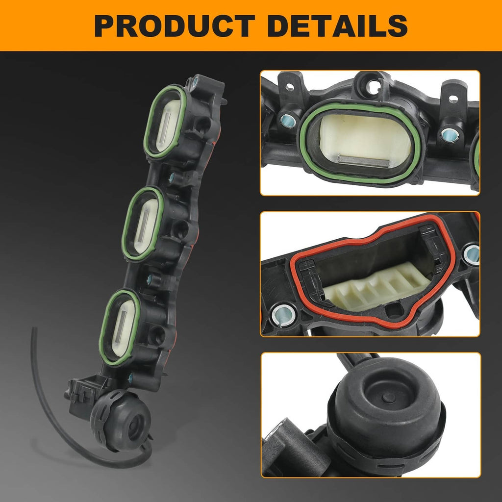 Intake manifold with three oval seal chambers and green gasket trim; side view