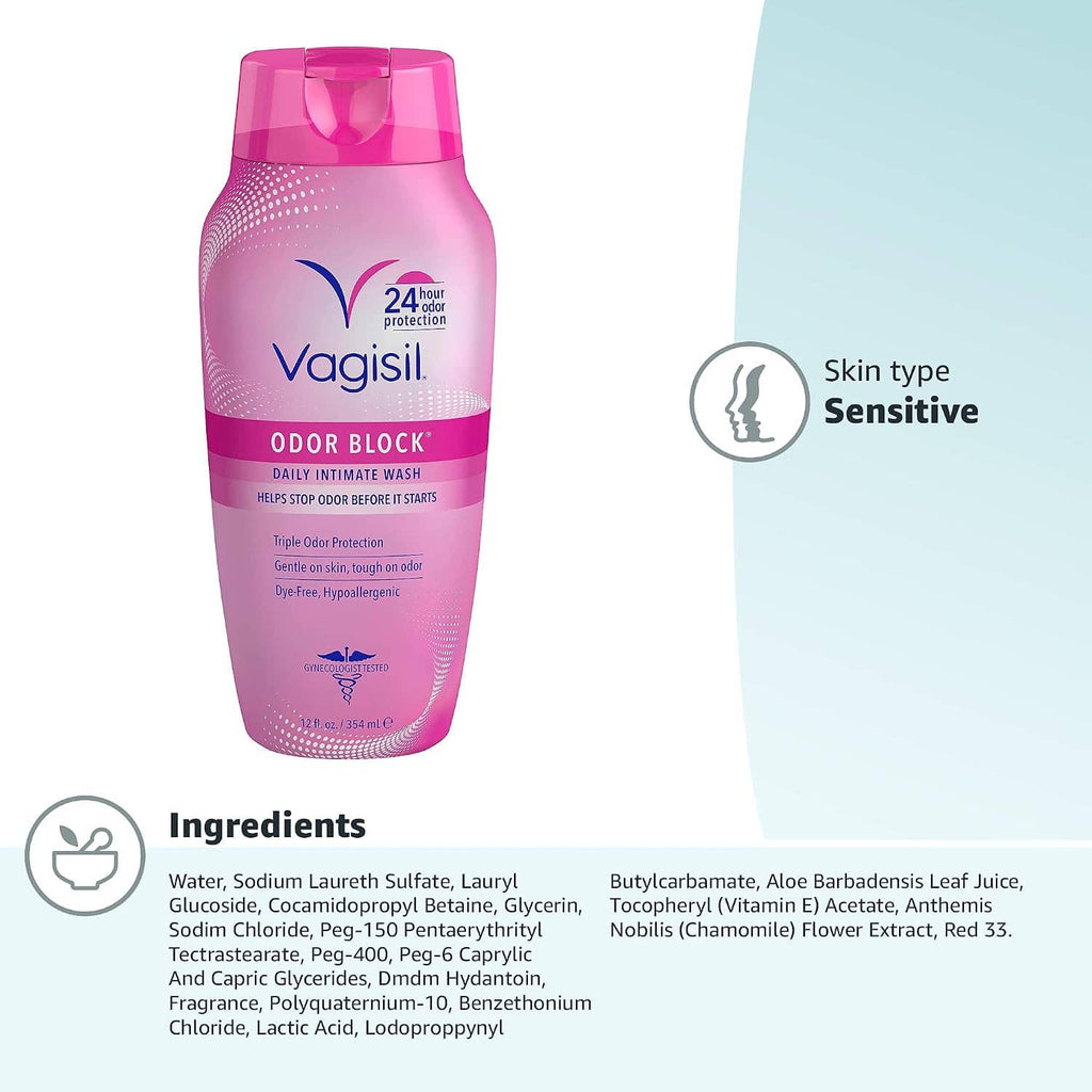 VagiSil Odor Block intimate wash bottle with Skin type Sensitive label