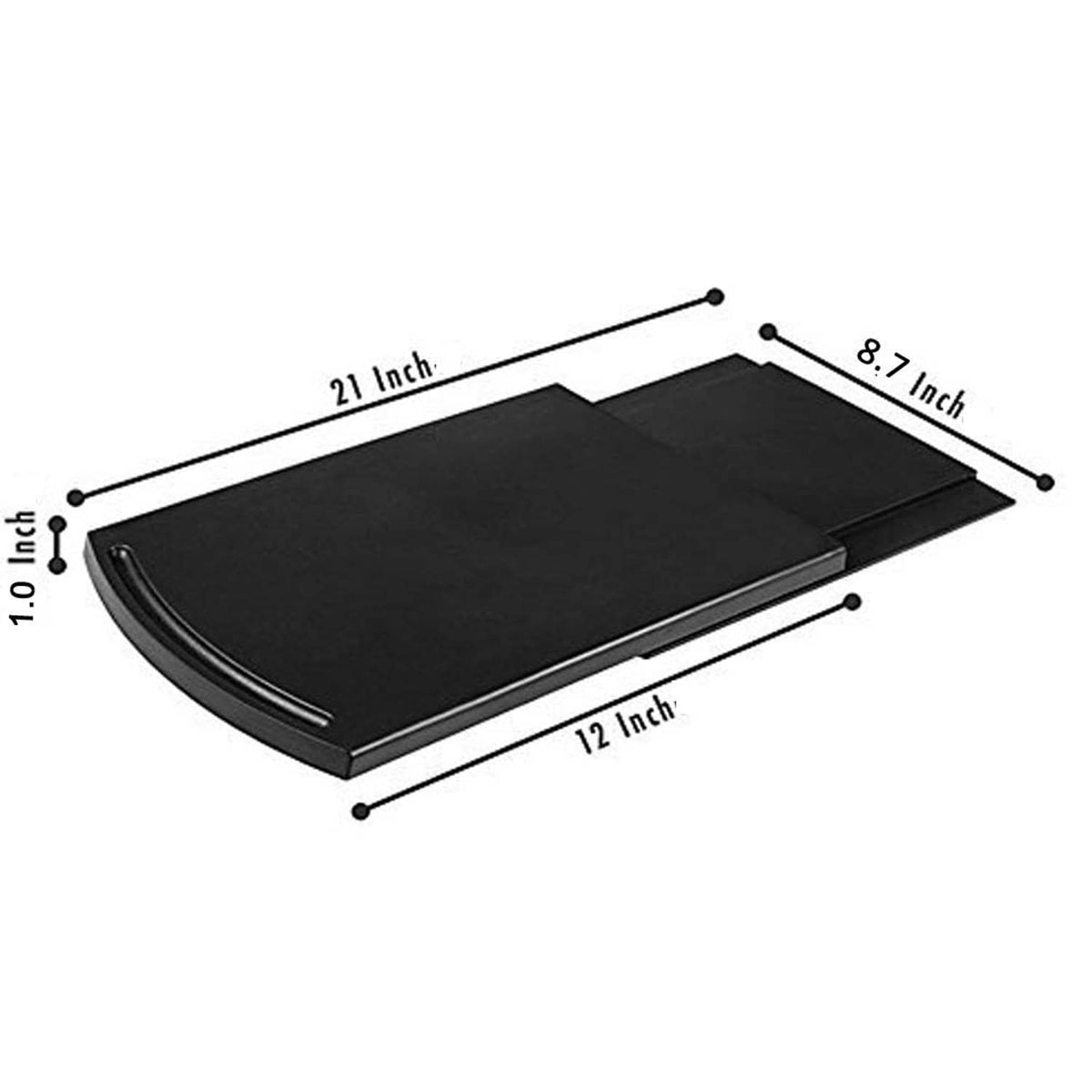 Black sliding tray mat with curved edges and handle grooves; size markings shown