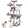 Light gray multi-level cat tree with plush condos, platforms, and scratching posts