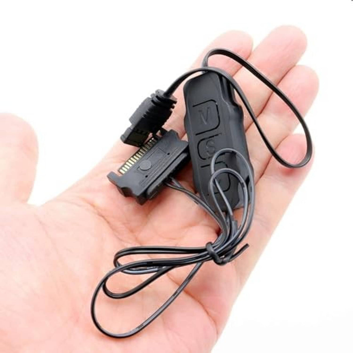 ARGB controller cable set with multiple 3-pin plugs and SATA-style adapter, in hand