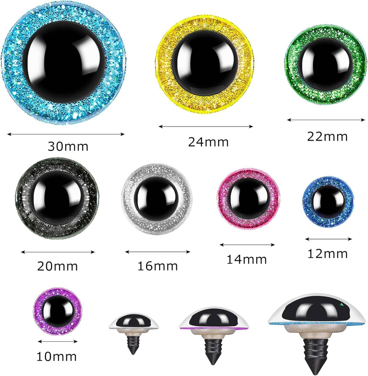 Glitter safety eyes assortment with size markers: blue, yellow, green, gray, purple, pink, blue