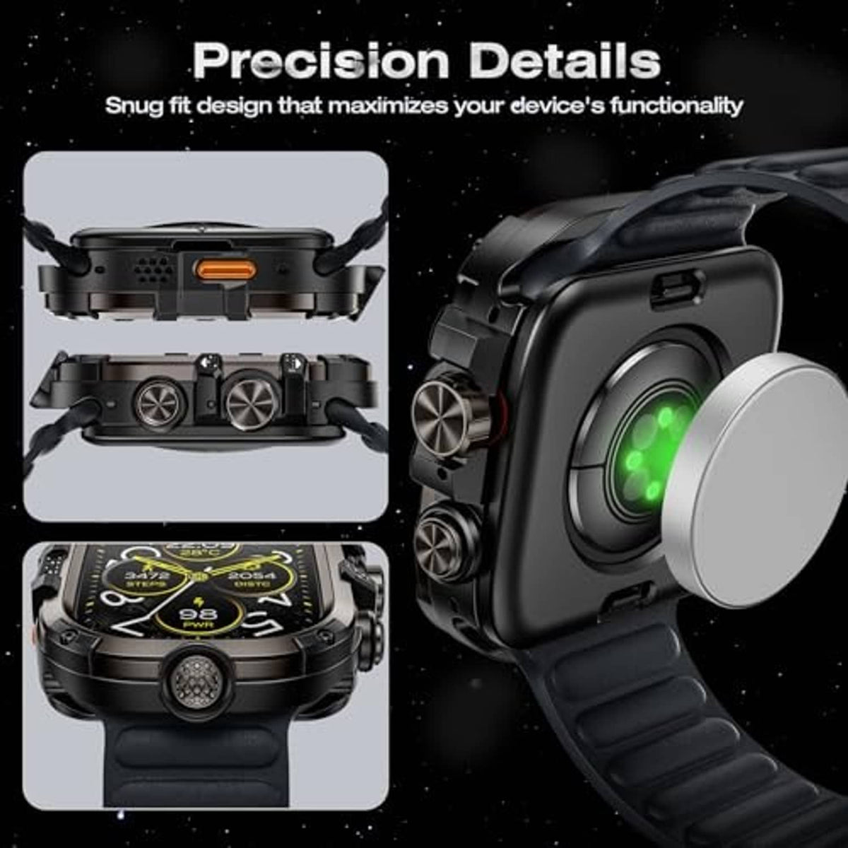 Black smartwatch case with metal-and-PC construction and side attachment ports