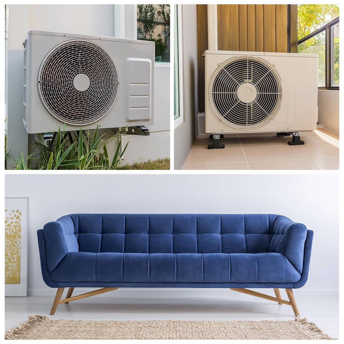Living room with blue sofa and two air conditioner units