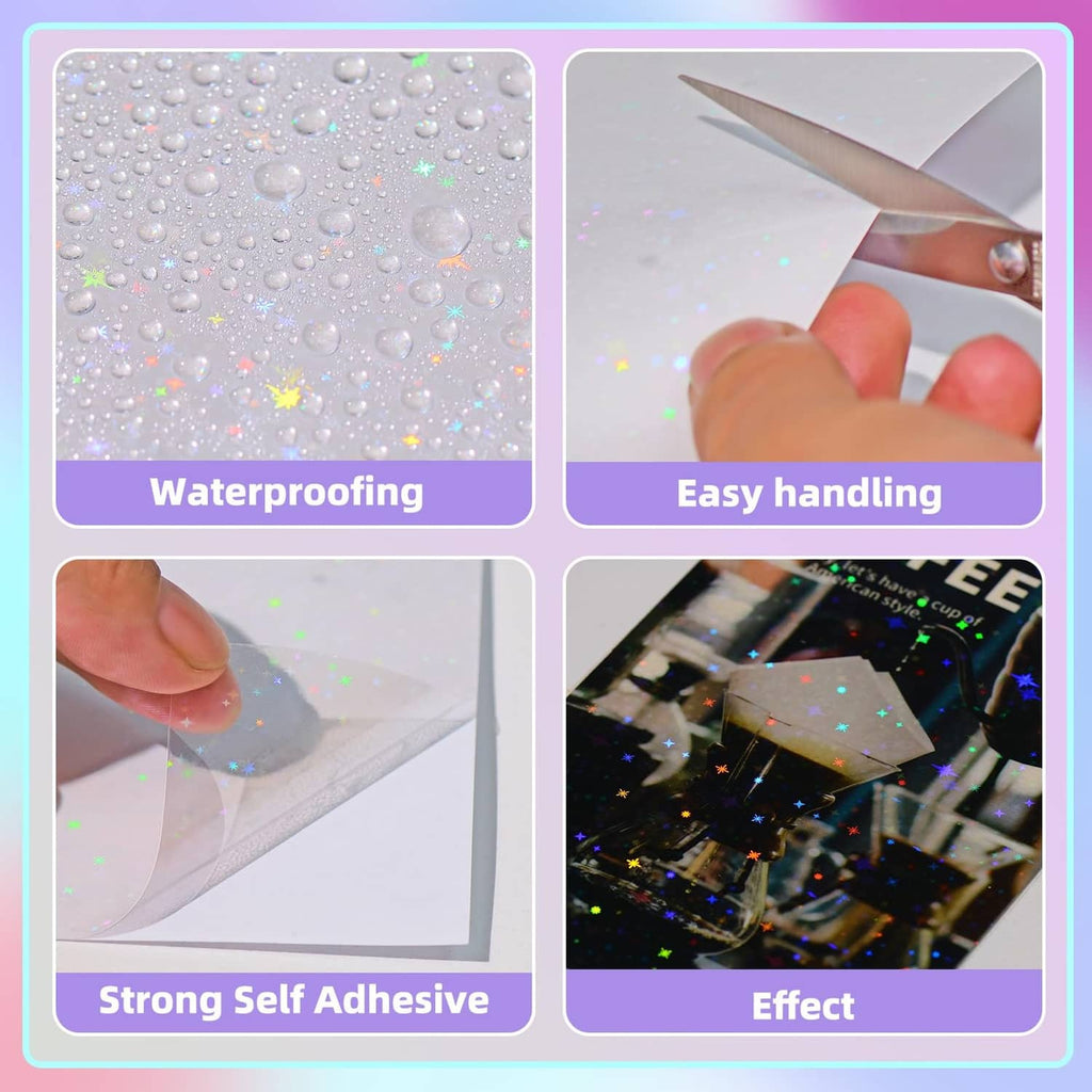 Transparent holographic laminate sheet with water beading and strong self-adhesive