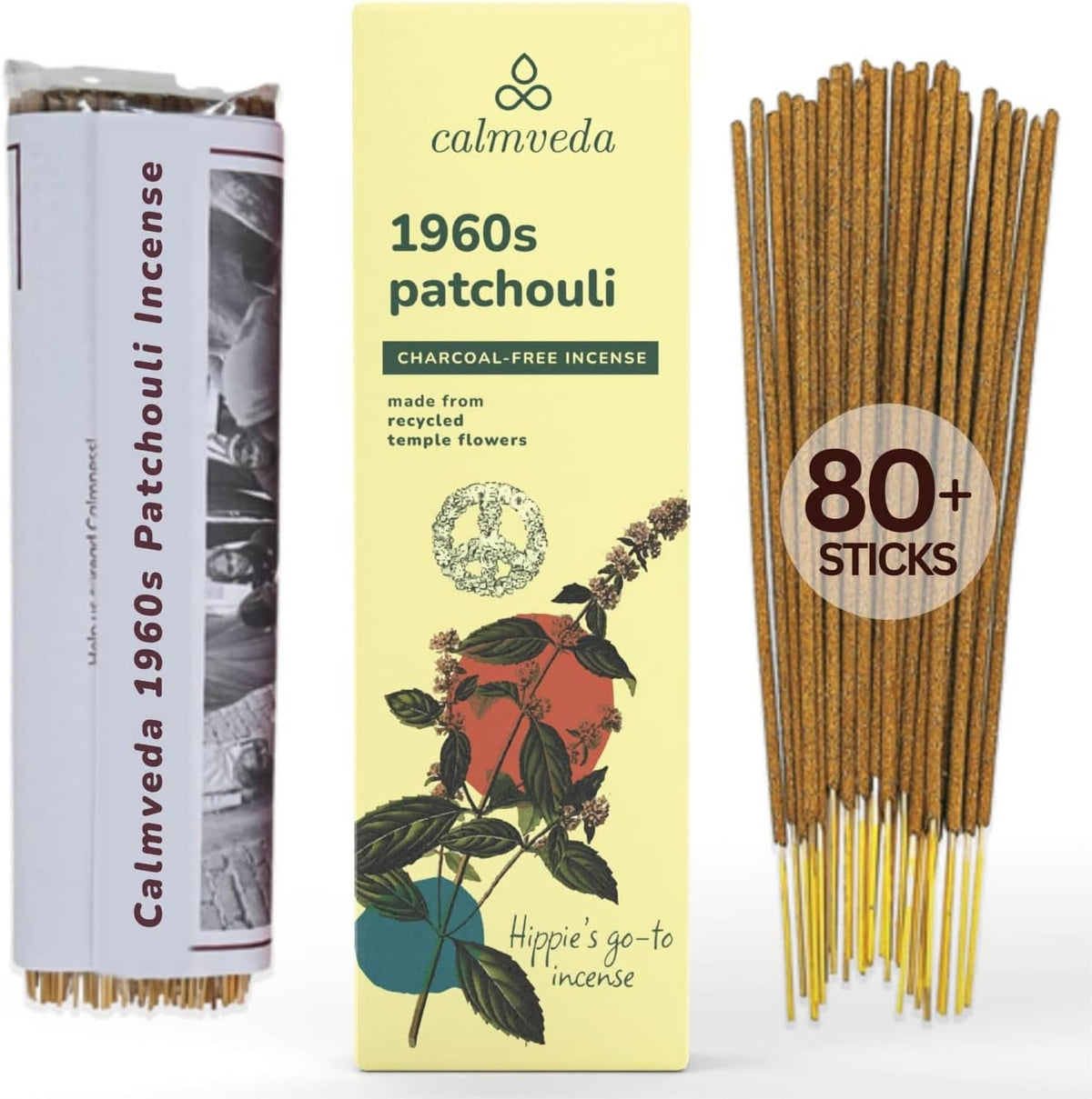 Charcoal-free 1960s patchouli incense stick pack, with a bundle of brown sticks