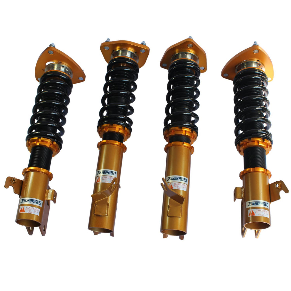 Set of four gold coilover struts with black springs and blue label decals